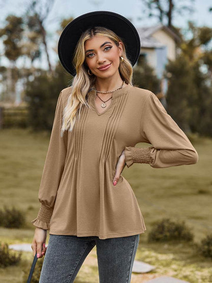 Notched Neck Flounce Sleeve Blouse - Purcell's Clothing Company