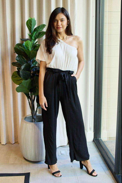 Dress Day Marvelous in Manhattan One-Shoulder Jumpsuit in White/Black - Purcell's Clothing Company