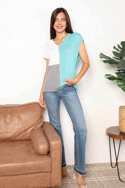 Color Block V-Neck Knit Top - Purcell's Clothing Company