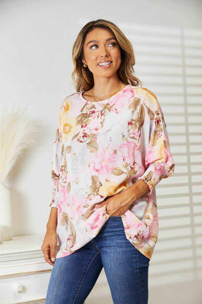 Double Take Floral Round Neck Three-Quarter Sleeve Top - Purcell's Clothing Company