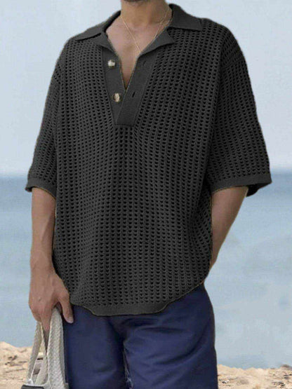 Men's Plus Size Openwork Collared Neck Quarter Button Knit Polo - Purcell's Clothing Company