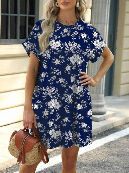 Printed Round Neck Short Sleeve Mini Dress - Purcell's Clothing Company
