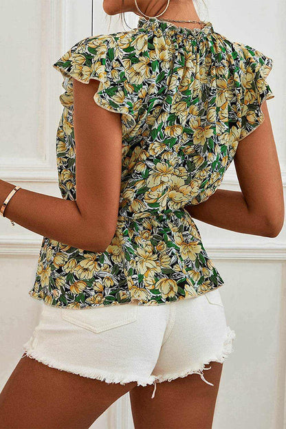 Floral Mock Neck Flutter Sleeve Peplum Top - Purcell's Clothing Company