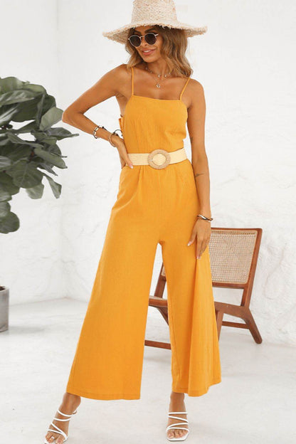 Shiny Cutout Spaghetti Strap Tie Back Wide Leg Jumpsuit - Purcell's Clothing Company