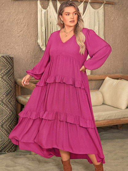 Plus Size Ruffled V-Neck Long Sleeve Dress - Purcell's Clothing Company