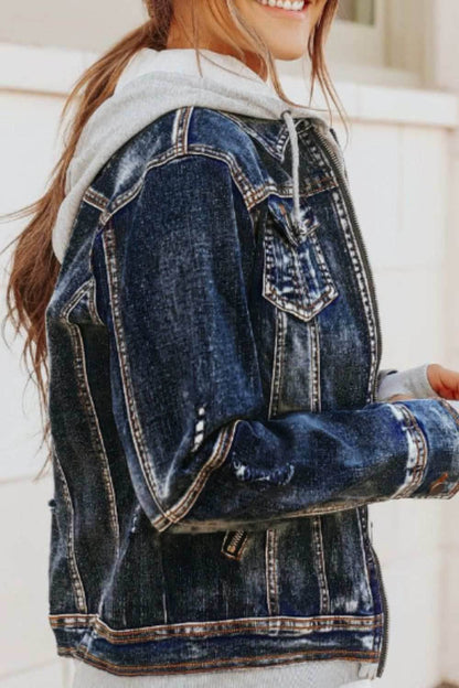 Fake Two-Piece Hooded Zip-Up Denim Jacket - Purcell's Clothing Company