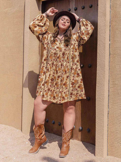 Plus Size Printed V-Neck Balloon Sleeve Mini Dress - Purcell's Clothing Company