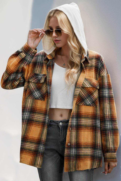 Double Take Drawstring Plaid Long Sleeve Hooded Shacket - Purcell's Clothing Company