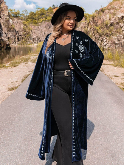 Plus Size Embroidery Open Front Long Sleeve Cardigan - Purcell's Clothing Company