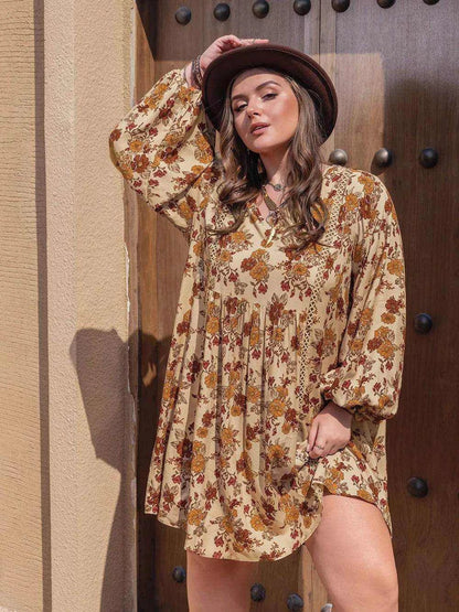 Plus Size Printed V-Neck Balloon Sleeve Mini Dress - Purcell's Clothing Company