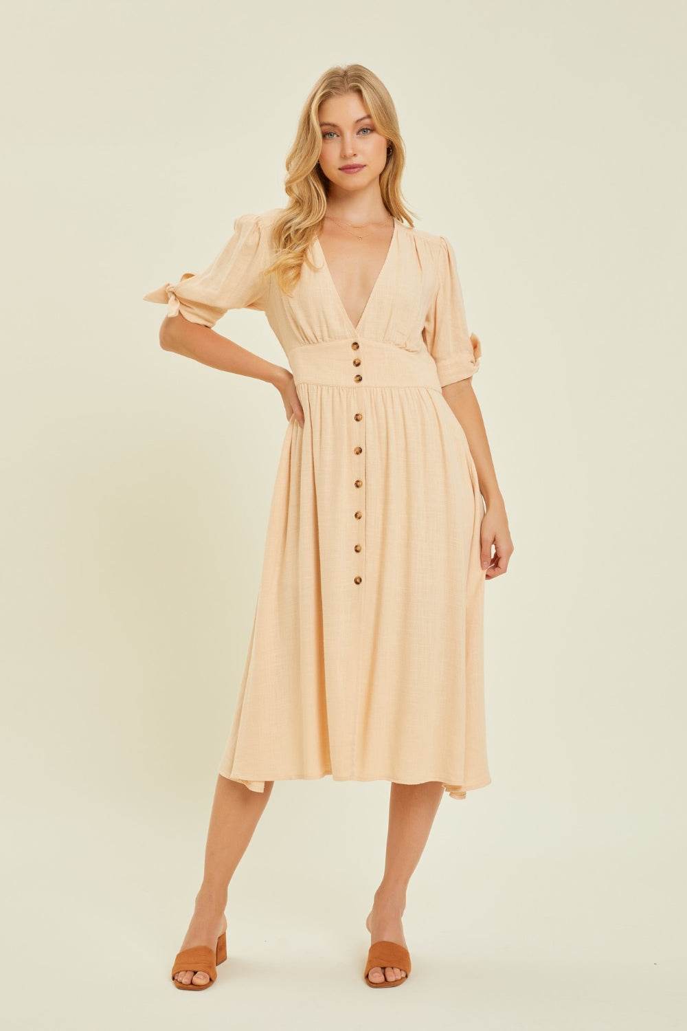 HEYSON Full Size Textured Linen V-Neck Button-Down Midi Dress - Purcell's Clothing Company