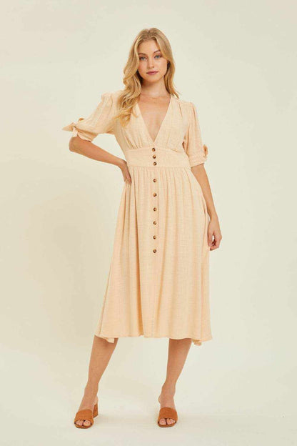 HEYSON Full Size Textured Linen V-Neck Button-Down Midi Dress - Purcell's Clothing Company