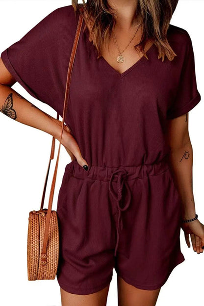 Full Size Drawstring V-Neck Short Sleeve Romper - Purcell's Clothing Company