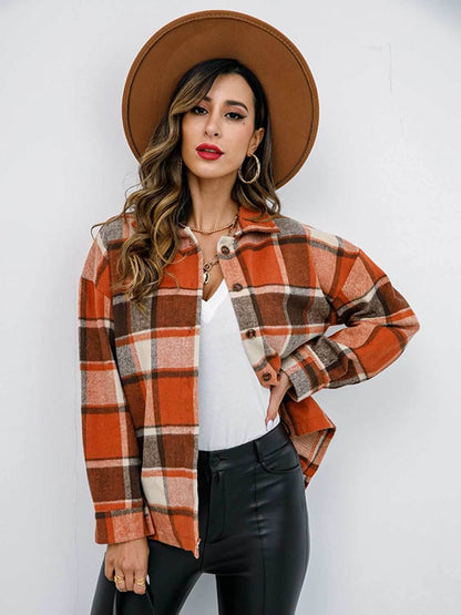 Shiny Plaid Button Up Collared Neck Jacket - Purcell's Clothing Company