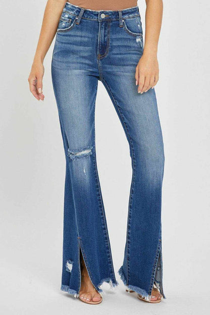 RISEN Full Size High Rise Front Slit Frayed Hem Flare Jeans - Purcell's Clothing Company