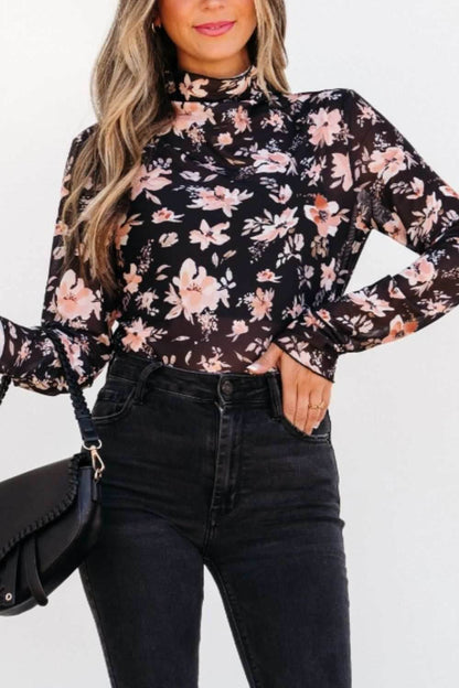 Floral Mock Neck Long Sleeve Blouse - Purcell's Clothing Company