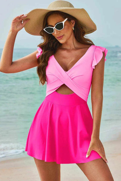 Cutout V-Neck Cap Sleeve One-Piece Swimwear - Purcell's Clothing Company
