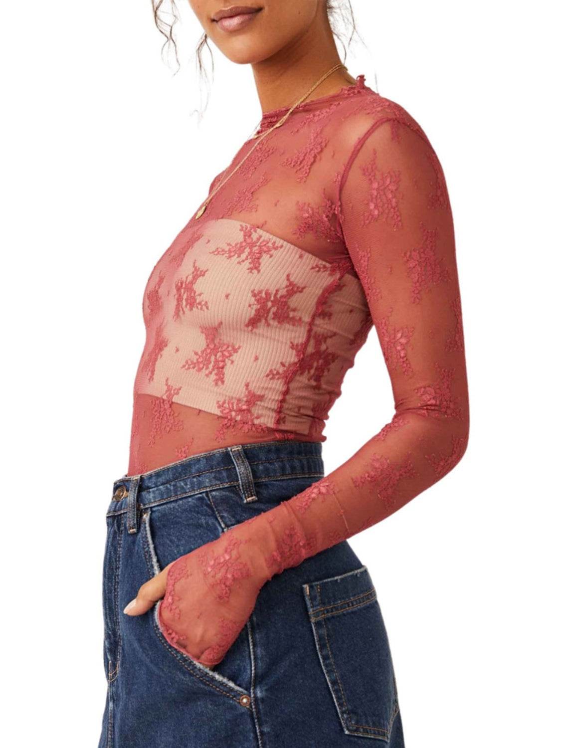 Lace Mock Neck Long Sleeve Blouse - Purcell's Clothing Company