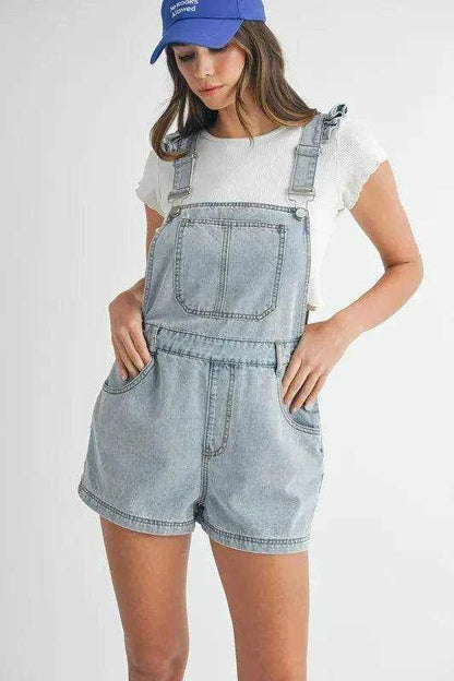 MABLE Square Neck Ruffle Shoulder Denim Overall Romper - Purcell's Clothing Company