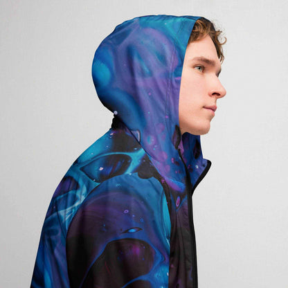 Men’s galaxy colored windbreaker with hood, lightweight water-resistant fabric, and breathable mesh lining.
