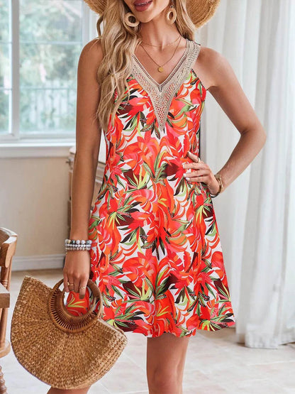 Lace Detail Printed V-Neck Sleeveless Dress - Purcell's Clothing Company