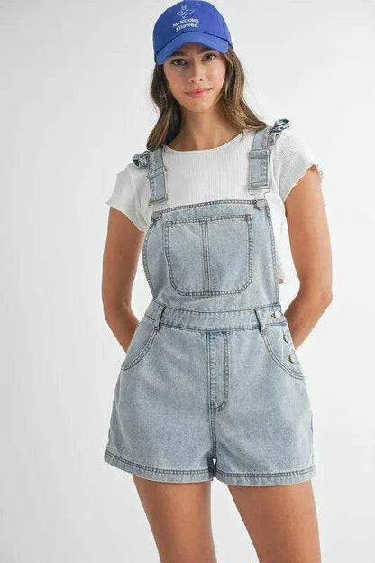 MABLE Square Neck Ruffle Shoulder Denim Overall Romper - Purcell's Clothing Company