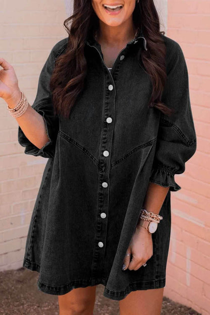 Distressed Collared Neck Flounce Sleeve Denim Dress - Purcell's Clothing Company