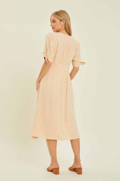 HEYSON Full Size Textured Linen V-Neck Button-Down Midi Dress - Purcell's Clothing Company