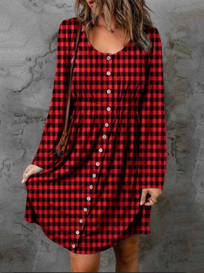 Double Take Full Size Plaid Round Neck Long Sleeve Magic Dress - Purcell's Clothing Company