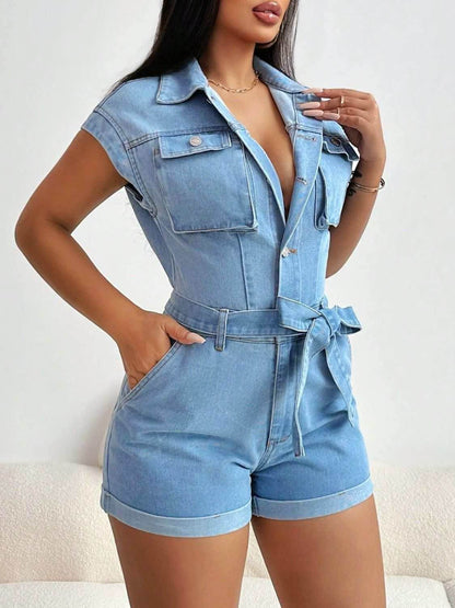 Tie Waist Cap Sleeve Denim Romper - Purcell's Clothing Company