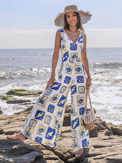 Printed V-Neck Wide Leg Jumpsuit - Purcell's Clothing Company