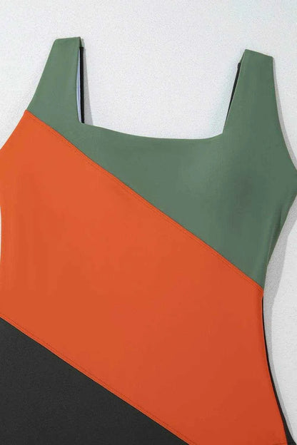 Color Block Padded Square Neck One Piece Swimsuit - Purcell's Clothing Company