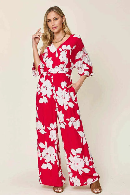 Double Take Full Size Printed Tie Back Wide Leg Jumpsuit - Purcell's Clothing Company