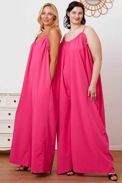 Double Take Full Size Ruffle Trim Tie Back Cami Jumpsuit with Pockets - Purcell's Clothing Company