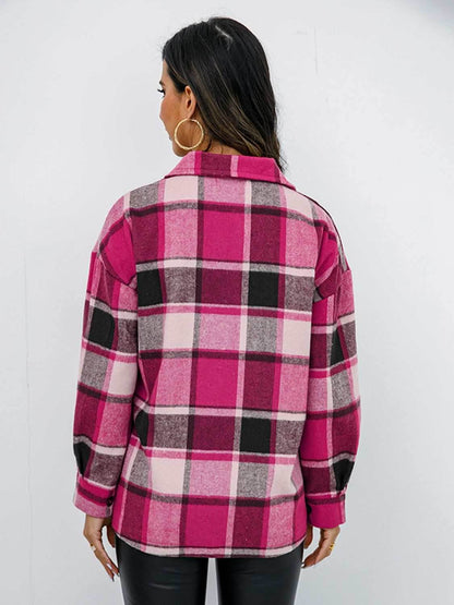 Shiny Plaid Button Up Collared Neck Jacket - Purcell's Clothing Company