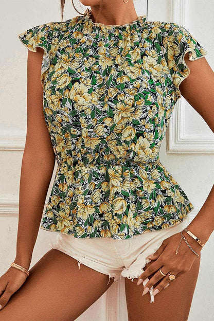 Floral Mock Neck Flutter Sleeve Peplum Top - Purcell's Clothing Company
