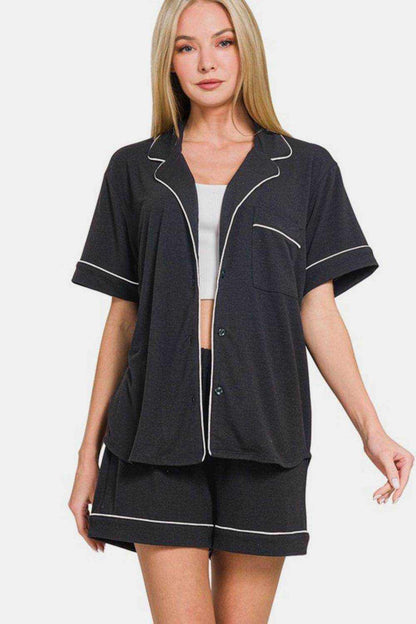 Zenana Button Down Short Sleeve Top and Shorts Lounge Set - Purcell's Clothing Company