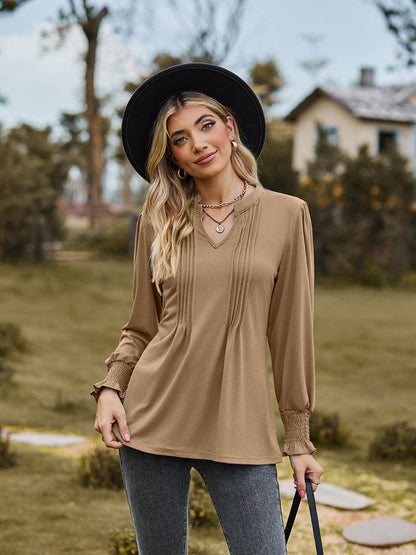 Notched Neck Flounce Sleeve Blouse - Purcell's Clothing Company