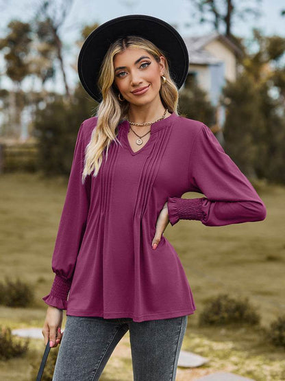 Notched Neck Flounce Sleeve Blouse - Purcell's Clothing Company