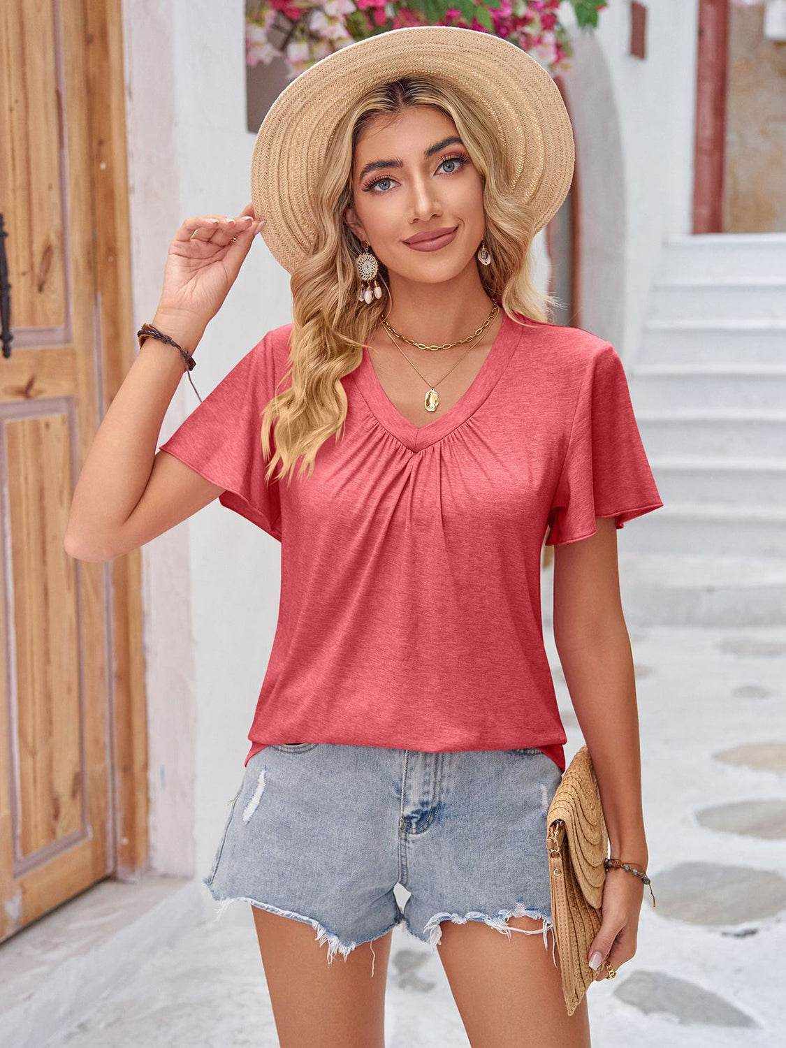 Double Take Ruched V-Neck Short Sleeve T-Shirt - Purcell's Clothing Company