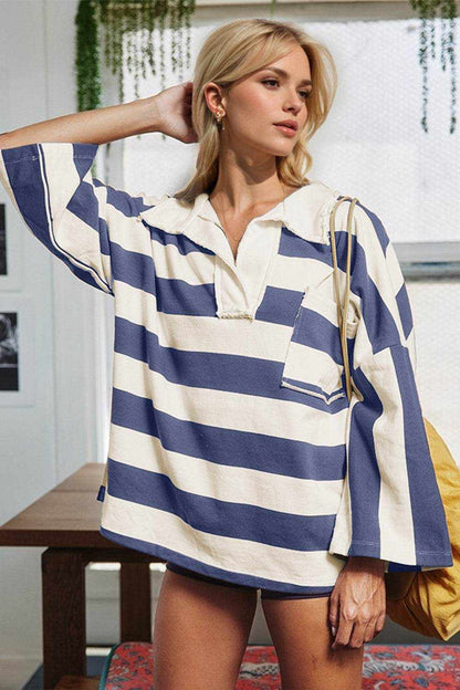 Oh Striped Johnny Collar Long Sleeve T-Shirt - Purcell's Clothing Company