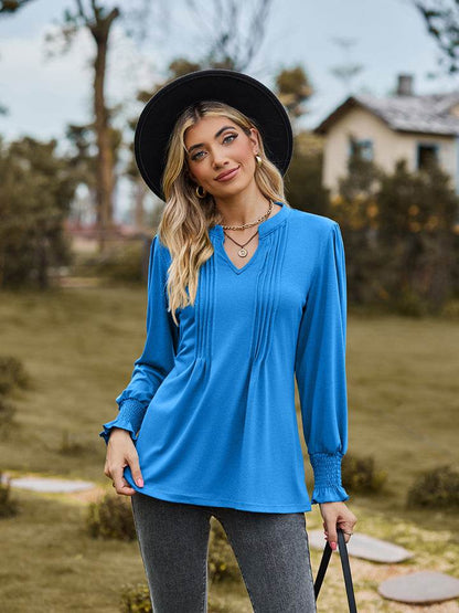 Notched Neck Flounce Sleeve Blouse - Purcell's Clothing Company