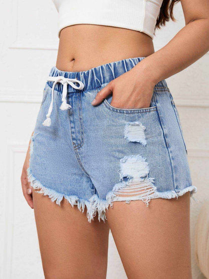 Distressed Drawstring Raw Hem Denim Shorts - Purcell's Clothing Company