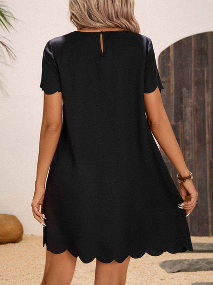 Scalloped Hem Round Neck Short Sleeve Dress - Purcell's Clothing Company
