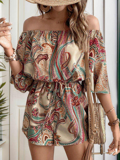 Perfee Printed Off Shoulder Half Sleeve Romper - Purcell's Clothing Company