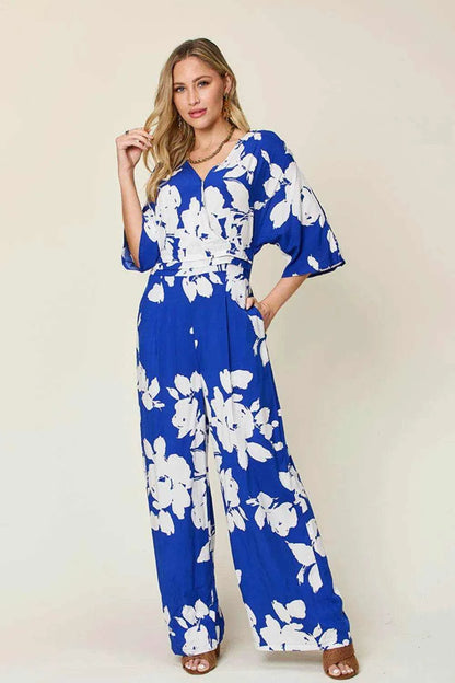 Double Take Full Size Printed Tie Back Wide Leg Jumpsuit - Purcell's Clothing Company