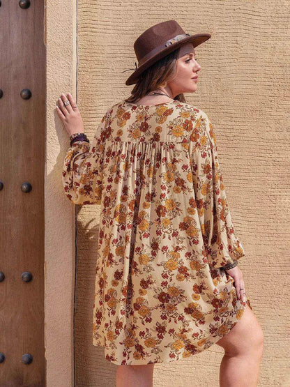 Plus Size Printed V-Neck Balloon Sleeve Mini Dress - Purcell's Clothing Company