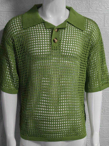 Men's Plus Size Openwork Collared Neck Quarter Button Knit Polo - Purcell's Clothing Company