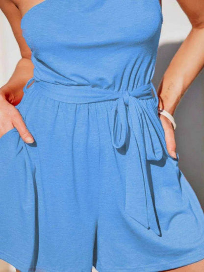 Single Shoulder Tie Waist Romper - Purcell's Clothing Company