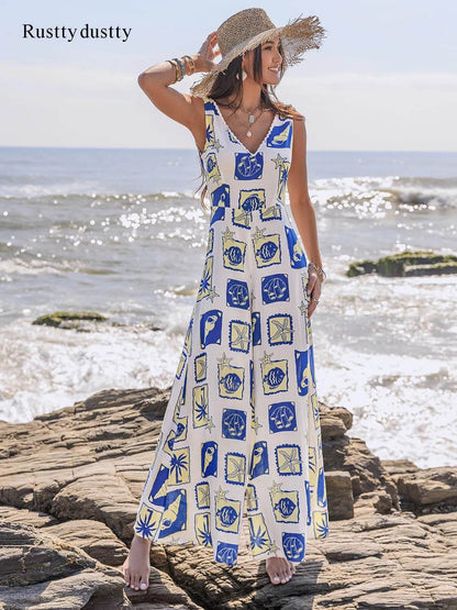 Printed V-Neck Wide Leg Jumpsuit - Purcell's Clothing Company